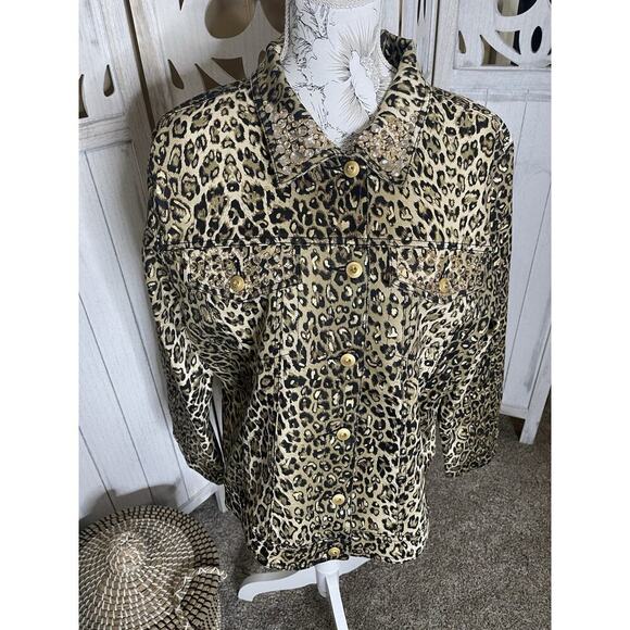 Midnight Velvet Embellished Rhinestone Leopard Metallic Button Jacket Size XL - Picture 1 of 6